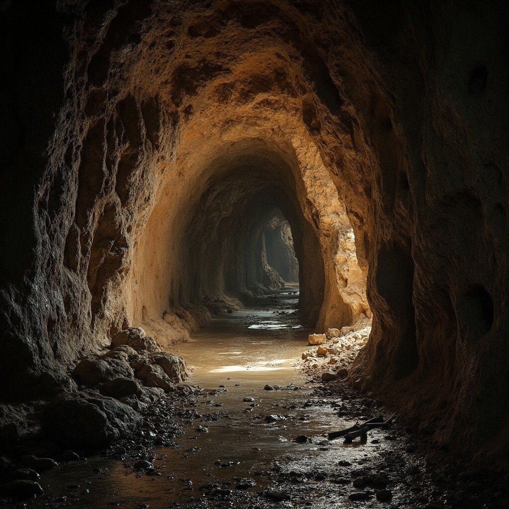 Underground view of Sint-Pietersberg caves featuring dramatic limestone tunnels, rough-textured walls with geological formations, atmospheric lighting, ancient mining tools on the cave floor, and glistening water droplets.