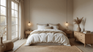 Sfeervolle Slaapkamerstyling: Jouw Ultieme Gids voor een Droomruimte Serene slaapkamer met kingsize bed, gelaagd wit linnen beddengoed, aardse kussens, houten nachtkastjes, zachte wollen dekens, jute vloerkleed en gedroogde pampas.