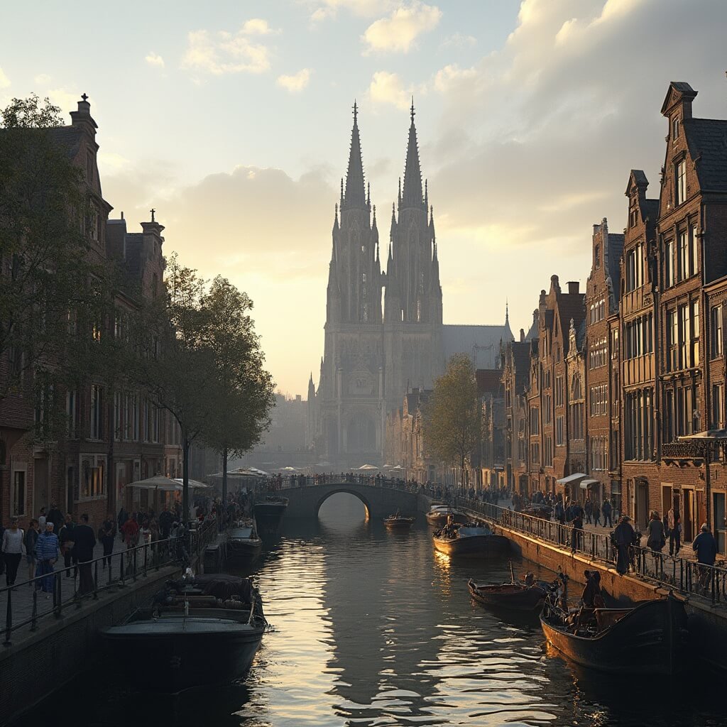 A picturesque view of Utrecht's Dom Tower above cobblestone streets, with Dutch gabled houses and tranquil waterways, bathed in golden afternoon light, showcasing historic architecture and tourists along scenic canals.