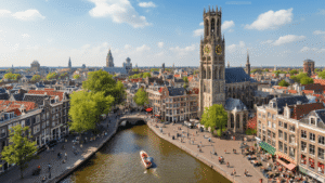 Aerial view of Utrecht city center showcasing the medieval Domtoren with Gothic architecture, wharf-level canals lined with historic buildings, tourists on canal boats, cyclists on cobblestone streets, and families exploring the area, all under warm sunlight on a bustling day.