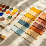 Cinematische close-up van een kleurenwaaier en verfstalen op wit linnen, met zachte lichtinval die warme tinten accentueert, inclusief een verfkwast, koperen meetlint en notitieblok, gefotografeerd vanuit vogelperspectief met een uitnodigende ochtendgloed en bokeh-effect op de achtergrond.