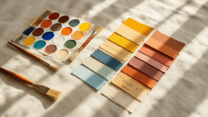 Cinematische close-up van een kleurenwaaier en verfstalen op wit linnen, met zachte lichtinval die warme tinten accentueert, inclusief een verfkwast, koperen meetlint en notitieblok, gefotografeerd vanuit vogelperspectief met een uitnodigende ochtendgloed en bokeh-effect op de achtergrond.