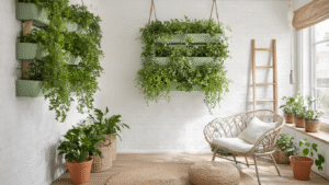 Gezellige Nederlandse woonkamer met verticale planteninstallatie, hangende plantenbakken, groene kruiden in terra cotta potten, en modulaire systemen op een witte bakstenen muur, in een Scandinavische sfeer met natuurlijke schaduwen en warme LED-verlichting.