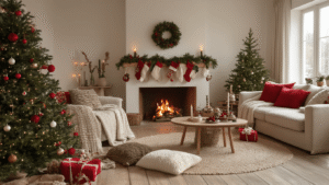 Vilten Kerstversiering: Knusse Handgemaakte Decoratie voor een Warme Kerst Gezellige woonkamer met kerstboom, handgemaakte vilten hangers in rood, wit en groen, houten tafel met viltlappen en borduurgarens, warme kaarslicht van open haard, beige bank met wollen plaids, natuurlijke materialen en knusse texturen, cinematische verlichting, bokeh effect van laagstaande winterzon, DIY sfeer en ambachtelijke details.
