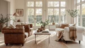 Een Tijdloze Mix: Oude en Nieuwe Meubels Combineren voor een Uniek Interieur Nederlandse woonkamer met vintage Chesterfield fauteuil en moderne bank, warme zonlichtstralen, gepolijste eiken salontafel met servies en eucalyptus, taupe plaid, jute vloerkleed, neutrale tinten en sfeervolle verlichting.