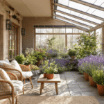 Gezellige Nederlandse serre met winterharde planten zoals paarse lavendel en kleurrijke winterheide in terracotta potten, verlicht door de warme middagzon en met een aardse kleurenpalet.