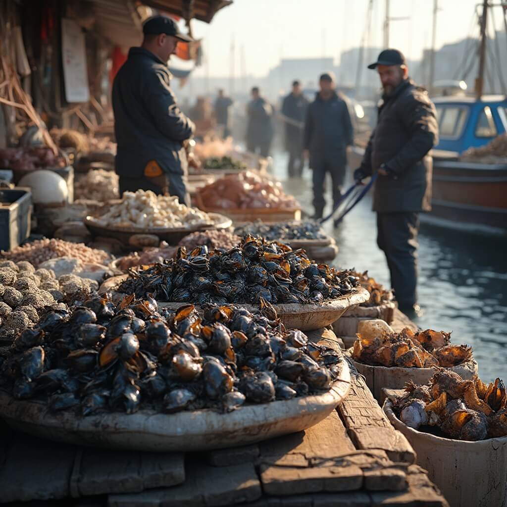 Een levendige buitenscène van de markt in Yerseke, Nederland, met verse mosselen en oesters, lokale vissers in traditionele werkkleding, houten marktkramen, ochtendlicht, een realistische maritieme sfeer en gedetailleerde zeevruchtenpresentaties.