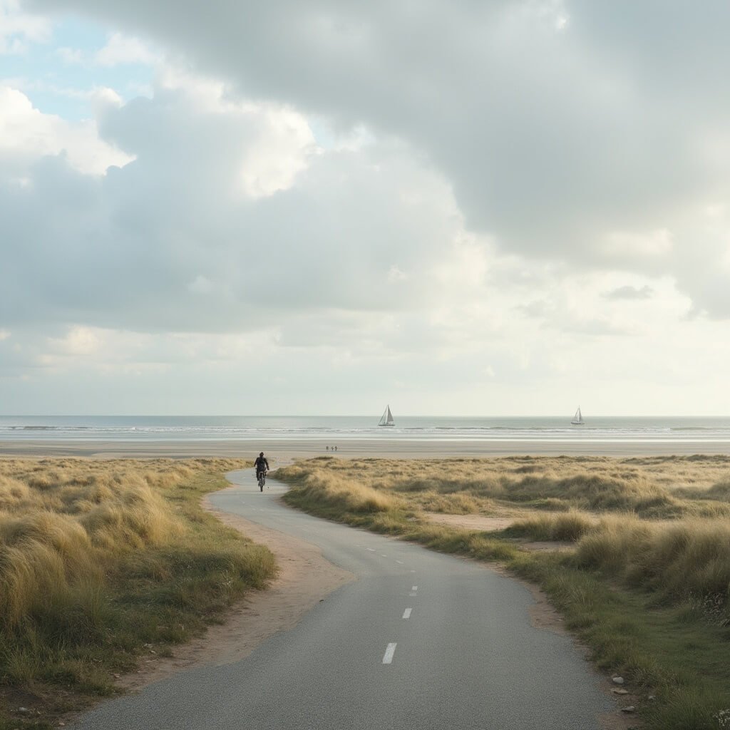 Pittoresk Zeeuwse kustlandschap met een uitgebreide fietsroute door de dijken, winderige strandspecifieke grassen, verre zeilboten op de horizon, dramatische bewolkte lucht, typisch Nederlandse vlakke landschap, zachte pasteltinten, brede panoramische weergave van de interactie tussen water en land, een fietser in de verte.