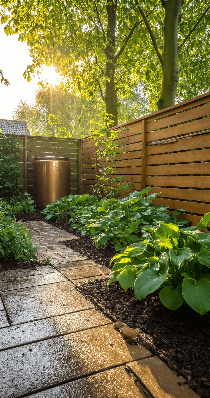Duurzaam Tuinieren: Creëer een Groene Toekomst in Je Eigen Achtertuin Zonnige ochtend in een Nederlandse achtertuin met een koperen regenton naast een houten schutting, warme lichtstralen door berkenbomen, natte klinkers en groene hostas, met een derde laag bruine mulch in de plantenborders.
