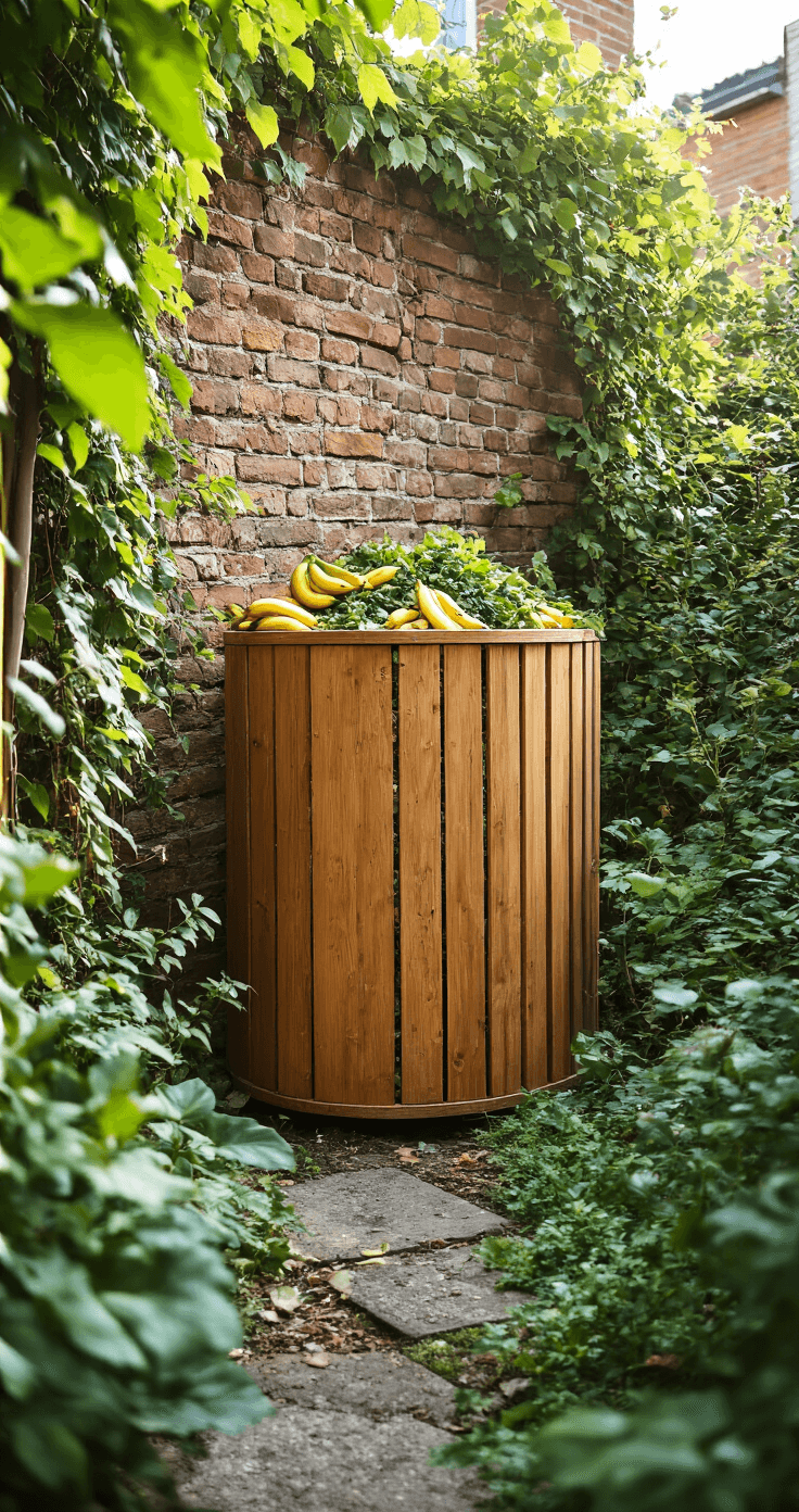 Duurzaam Tuinieren: Creëer een Groene Toekomst in Je Eigen Achtertuin Moderne houten compostbak in een hoek van een kleine stadstuin, met een verse groene composthoop en omringd door weelderige planten en kruiden, in de warme middagzon.