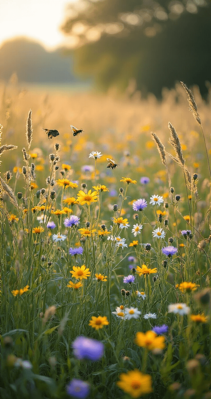 Duurzaam Tuinieren: Creëer een Groene Toekomst in Je Eigen Achtertuin Wilde bloemenprairie in een Nederlandse voortuin met inheemse korenbloemen en klaprozen, omringd door dansende bijen en vlinders in het warme gouden uur licht, met een oude eikenboom voor schaduw.