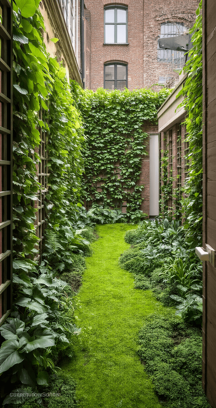 Duurzaam Tuinieren: Creëer een Groene Toekomst in Je Eigen Achtertuin Getransformeerde stadstuin met groene klimplanten op bakstenen muren, nieuwe plantenborders vol varens en mossen, en een sedumdak op een tuinhuisje. Frisse groene tinten en natuurlijk diffuus licht creëren een verfrissende, ecologisch bewuste sfeer.