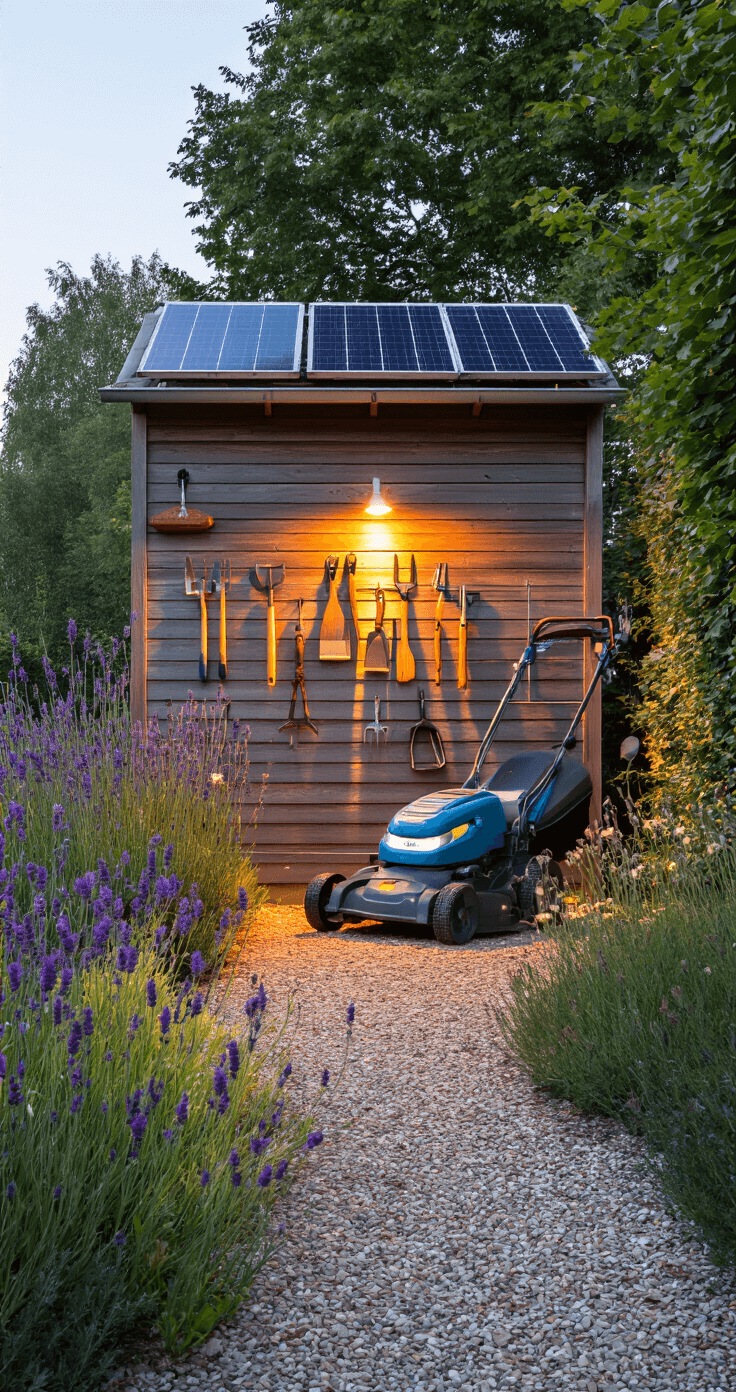 Duurzaam Tuinieren: Creëer een Groene Toekomst in Je Eigen Achtertuin Avondsfeer in een energiezuinige tuin met zonne-verlichting langs een grindpad, handmatige tuingereedschappen aan een houten schuur, en een elektrische grasmaaier tussen lavendelborders, verlicht door warm LED-licht van zonnepanelen.