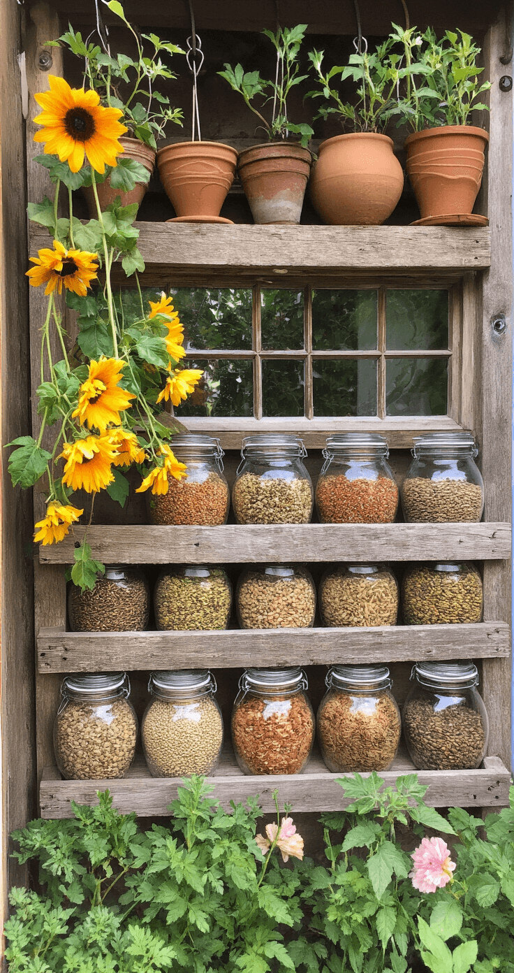 Duurzaam Tuinieren: Creëer een Groene Toekomst in Je Eigen Achtertuin Organiseerde hoek van tuinschuur met glazen potten vol zaden, gedroogde zonnebloemen aan ijzeren haken, en oude terracotta potten met planten, verlicht door natuurlijk licht dat door een klein raam valt.