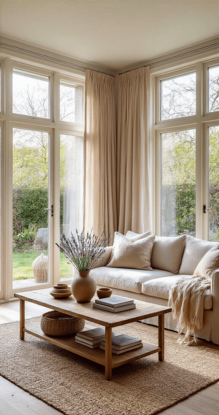 Hoe Trek Je Vogels en Bijen Aan in Je Eigen Tuin: Een Complete Gids Moderne Nederlandse woonkamer met houten tinten en grote ramen naar een tuin, lichte bank, rustieke salontafel, botanische boeken, jute vloerkleed en keramische vazen met lavendel, verlicht door zacht ochtendlicht.