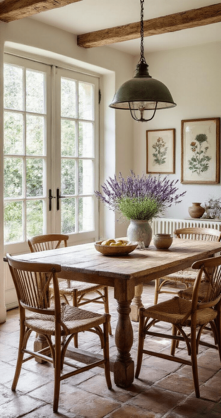 Hoe Trek Je Vogels en Bijen Aan in Je Eigen Tuin: Een Complete Gids Eetkamer met vintage houten tafel en rieten stoelen, open tuindeuren naar bijenvriendelijke tuin vol lavendel. Natuurstenen vloer, handgemaakte keramiek, ijzeren kroonluchter en botanische prints aan de muren. Zacht middaglicht en kleurenpalet van natuurlijk wit, terracotta en groen.