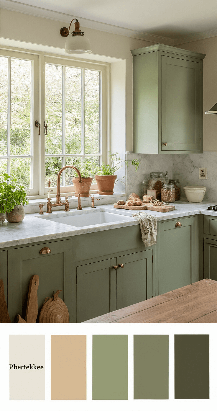 Hoe Trek Je Vogels en Bijen Aan in Je Eigen Tuin: Een Complete Gids Gezellige Nederlandse keuken met saliegroene Shaker-stijl kasten en marmeren werkbladen, koperen kranen, open planken met mason jars vol zaden, en een tuin zichtbaar door het raam boven de spoelbak. Vintage houten krukken bij het kookeiland en verse kruiden op de vensterbank, verlicht door warm middaglicht. Kleurenpalet van saliegroen, natuurlijk wit en warm koper.