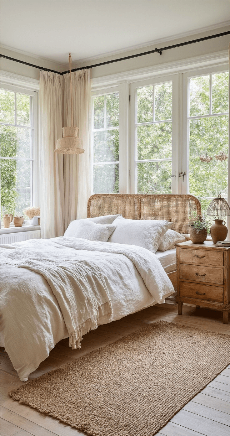 Hoe Trek Je Vogels en Bijen Aan in Je Eigen Tuin: Een Complete Gids Lichte slaapkamer met linnen beddengoed in natuurtinten, rotan hoofdeind, vintage nachtkastjes met keramische lampen, grote tuindeuren naar balkon, jute vloerkleed, gedroogde grassen in aardewerk vazen, sheer gordijnen en botanische kussens, serene sfeer met zachte ochtendlicht.