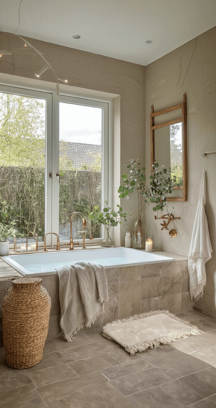 Hoe Trek Je Vogels en Bijen Aan in Je Eigen Tuin: Een Complete Gids Een serene Nederlandse badkamer met natuursteen tegels en een vrijstaand bad, houten badkamermeubel met koperen kranen, rotan opslagmanden en matglazen raam dat silhouetten van tuinplanten toont. Eucalyptus takken in glazen vazen en linnen handdoeken accentueren de ruimte. Kaarsen op een houten plank en spiegels in houten lijsten. Zacht ochtendlicht valt door het raam, met een kleurenpalet van grijs natuursteen, warm hout en wit linnen.