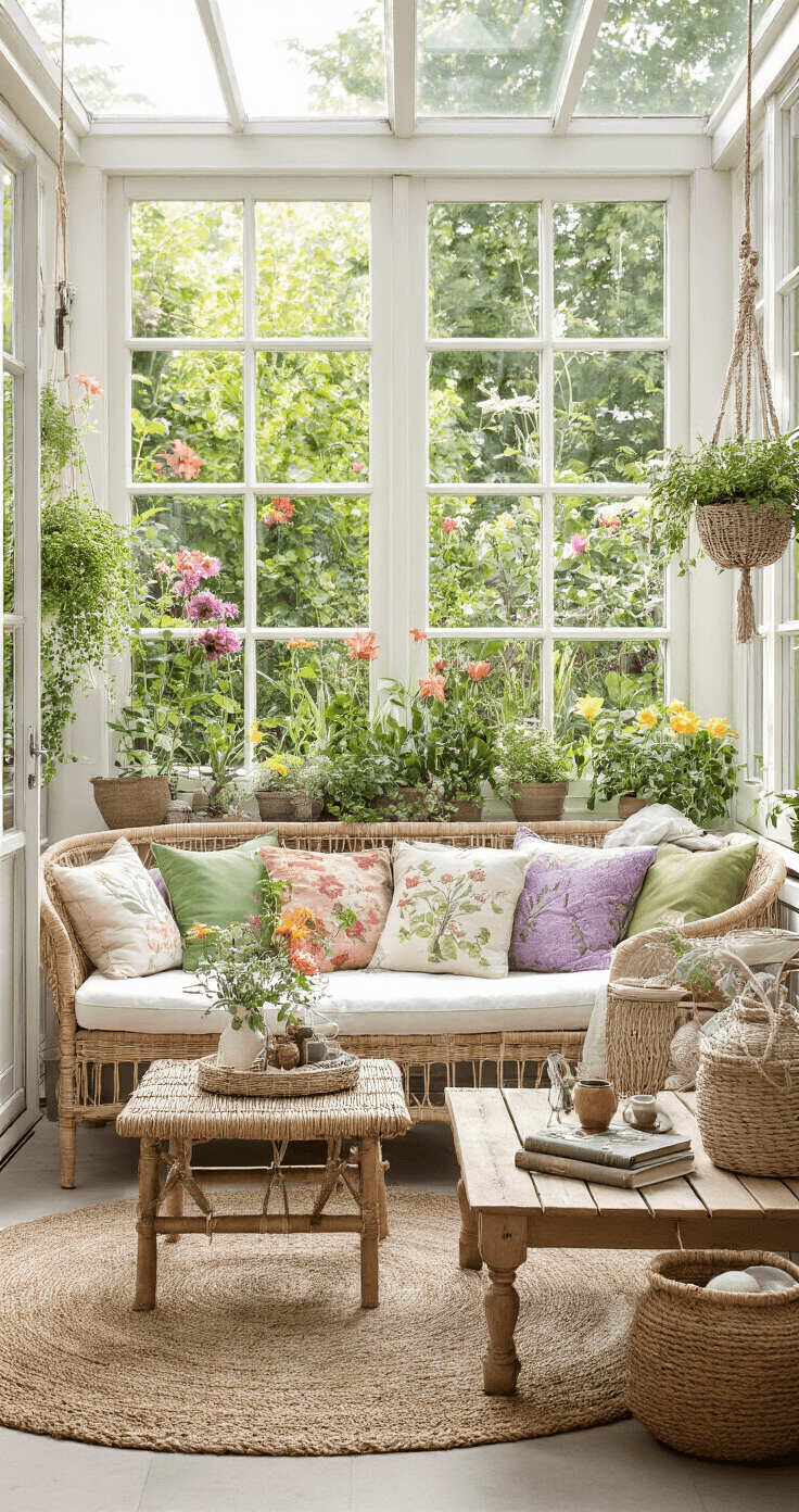 Hoe Trek Je Vogels en Bijen Aan in Je Eigen Tuin: Een Complete Gids Een serene Nederlandse tuinkamer met rieten meubelen en kleurrijke kussens, grote ramen die uitzicht bieden op een weelderige bloementuin, natuurvezeltapijt, hangplanten in macramé houders, vintage houten bijzettafels met tuinboeken en een theeset op een rieten dienblad, badend in de late namiddagzon.