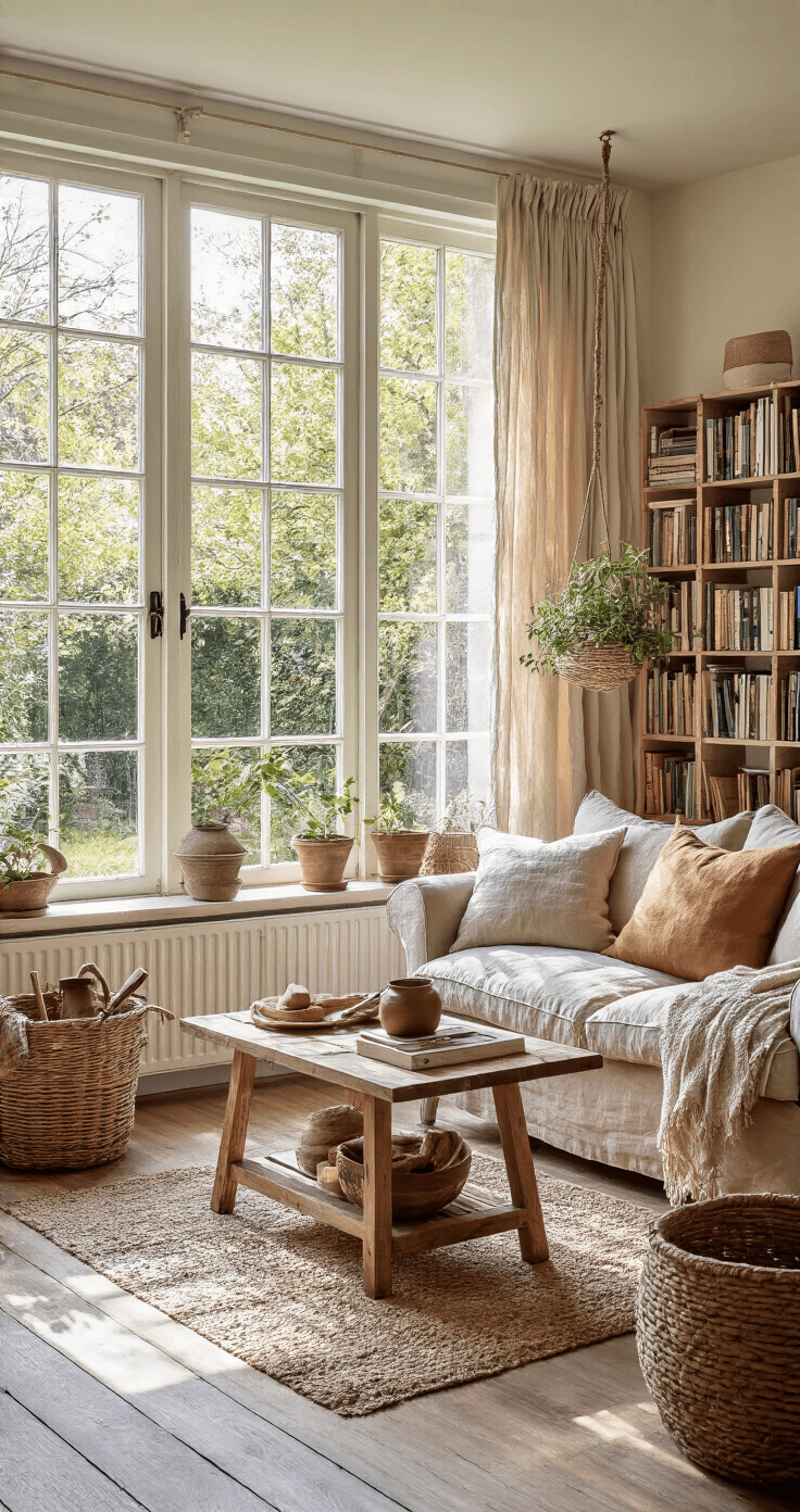 Gezellige Nederlandse woonkamer met grote ramen, uitzicht op een tuin met een zelfgemaakte fontein. Lage hoekfoto van zithoek met een linnen bank in zandtinten, houten salontafel met tuinontwerp-schetsen en potloden, en rieten manden met tuingereedschap. Warme aardetonen en boekenplanken vol tuinboeken creëren een hygge-sfeer, verlicht door een industriële hanglamp.