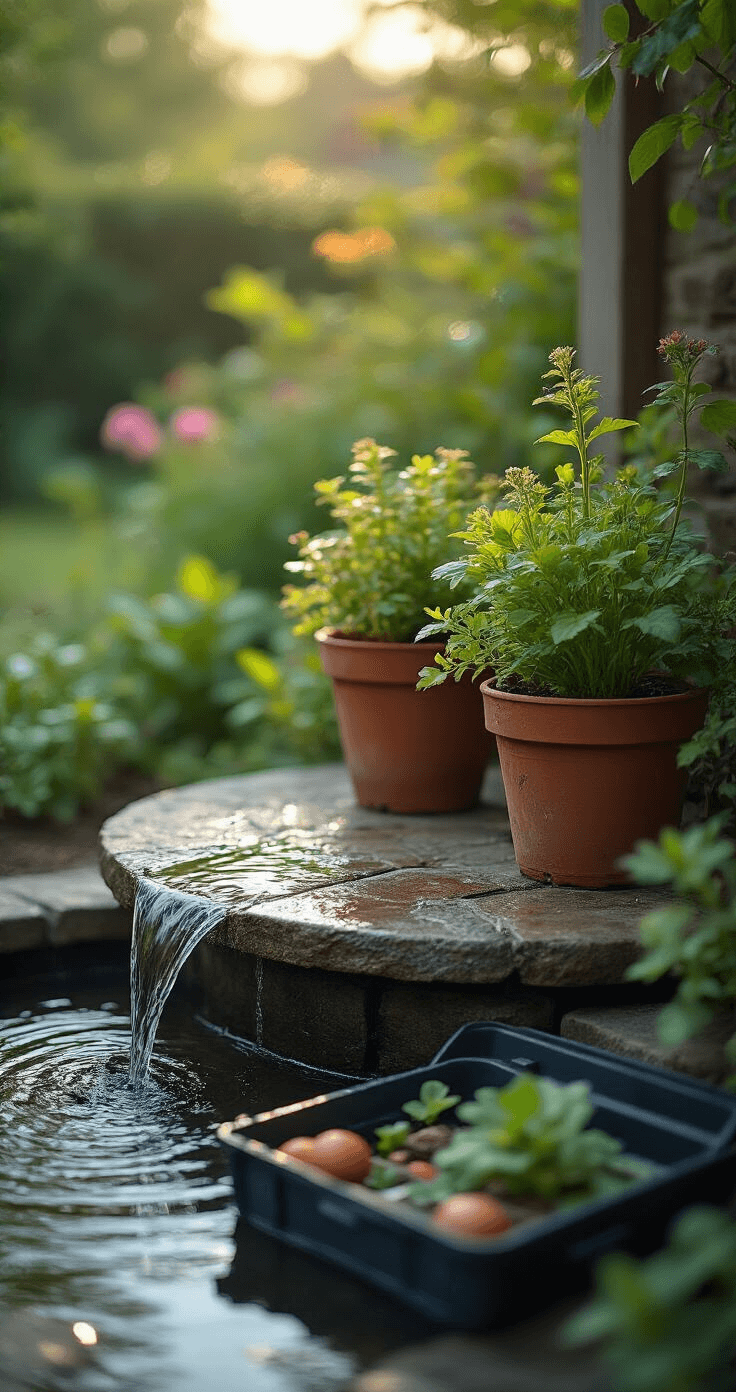 Intieme tuinhoek met roestvrijstalen waterpomp op verhoogd steenplateau, omringd door groene waterplanten in terracotta potten. Het ochtendlicht filtert zacht door het bladerdek en reflecteert in waterdruppels. Gereedschapskist met open siliconenkit zichtbaar.