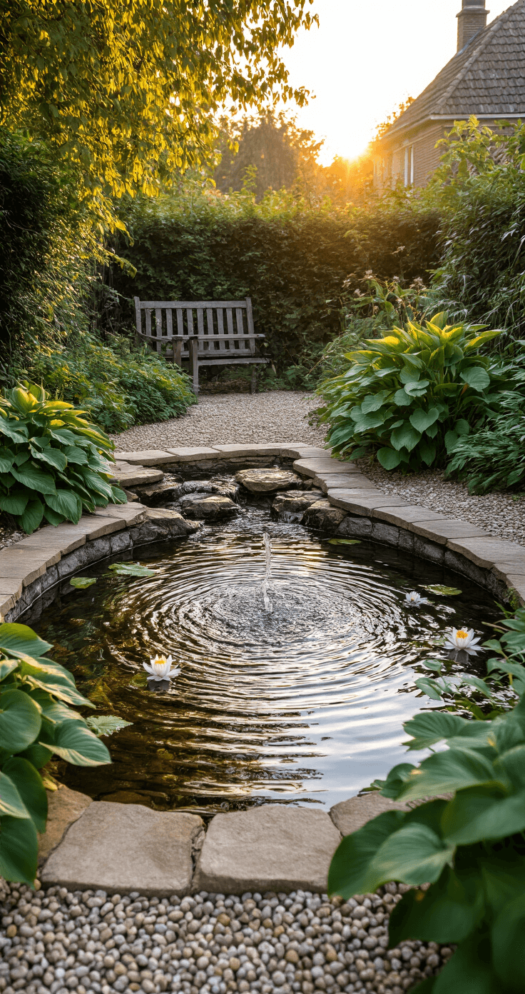 Afgewerkte Nederlandse tuinfontein omringd door natuurstenen rand in beige en grijstinten, met varens en hostas, waterlelies op het wateroppervlak, en een kiezelpad leidend naar de fontein, vastgelegd tijdens het gouden uur.