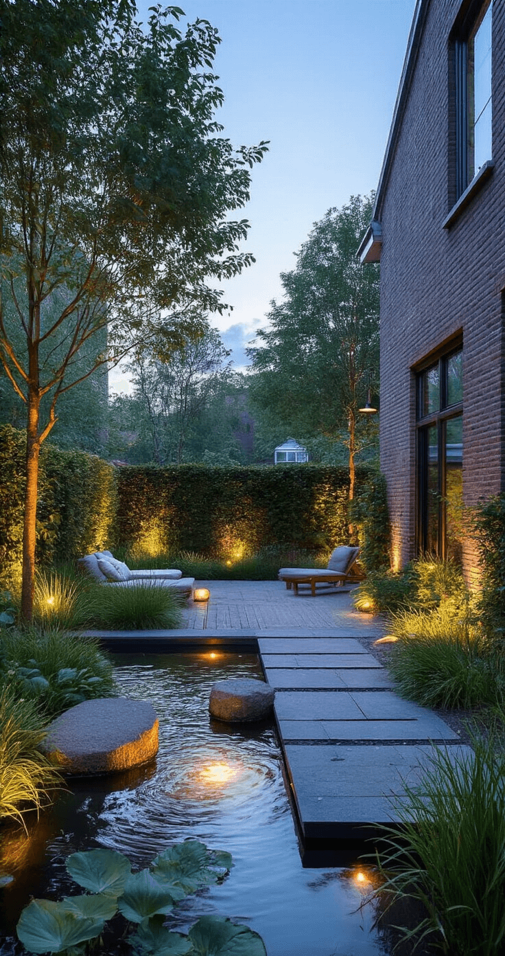 Serene Nederlandse achtertuin met waterpartij en zijdeachtige waterval, verlicht door subtiele tuinverlichting. Donkerblauwe lucht met warm wit licht, omringd door groenblijvende planten en ornamentale grassen, met loungestoelen op een houten terras.