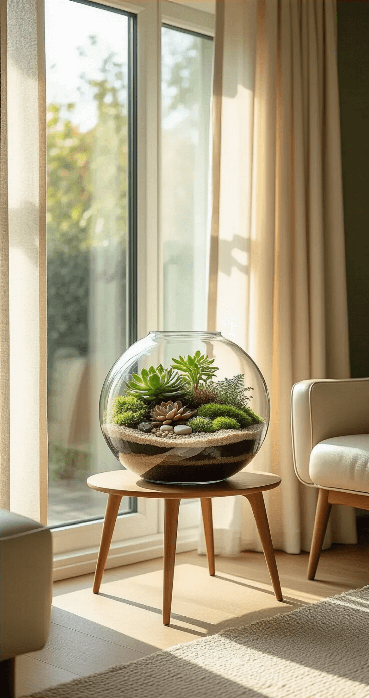 A sunlit Dutch living room featuring a large floor-to-ceiling window, showcasing a detailed indoor terrarium on a mid-century modern side table, complete with a miniature landscape of succulents and moss, surrounded by soft beige curtains, warm oak floors, and a cream leather armchair against sage green walls.