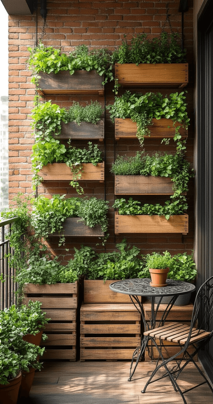 Gezellige stedelijke balkontransformatie met verticale tuinplanten tegen een verweerde bakstenen muur, houten kratten en gerecycled timmerhout vol met levendige kruiden, hangende klimop en compacte bloeiende planten, in zacht ochtendlicht met een kleine gietijzeren bistro-set ernaast.