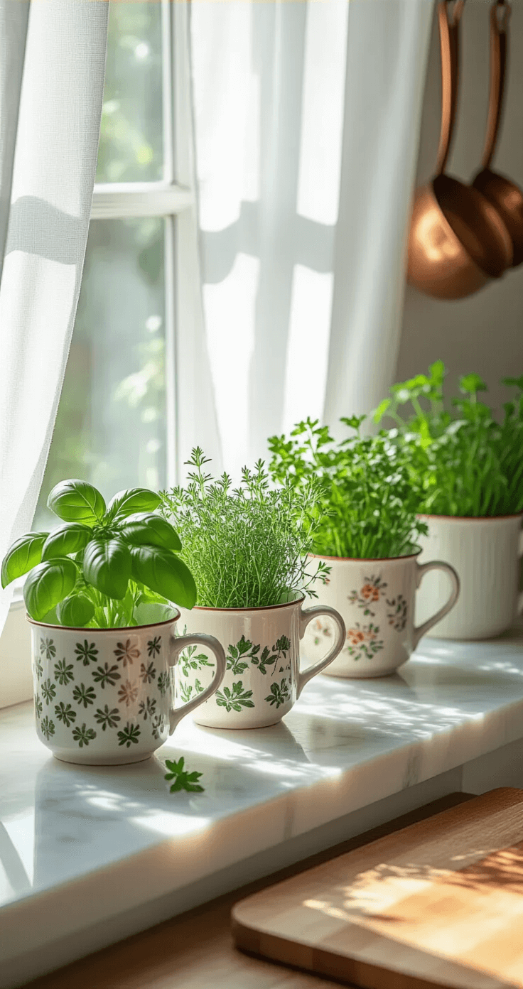 Een intieme vensterbank met een kruiden tuin bestaande uit verschillende keramische bekers en vintage emaille containers, gevuld met basilicum, peterselie, tijm en bieslook. Zacht ochtendlicht filtert door sheer witte gordijnen, terwijl koperen kookgerei in de buurt hangt en een verouderde houten snijplank textuur toevoegt. De scène straalt casual elegantie uit met de levendige kruiden in de schijnwerpers.