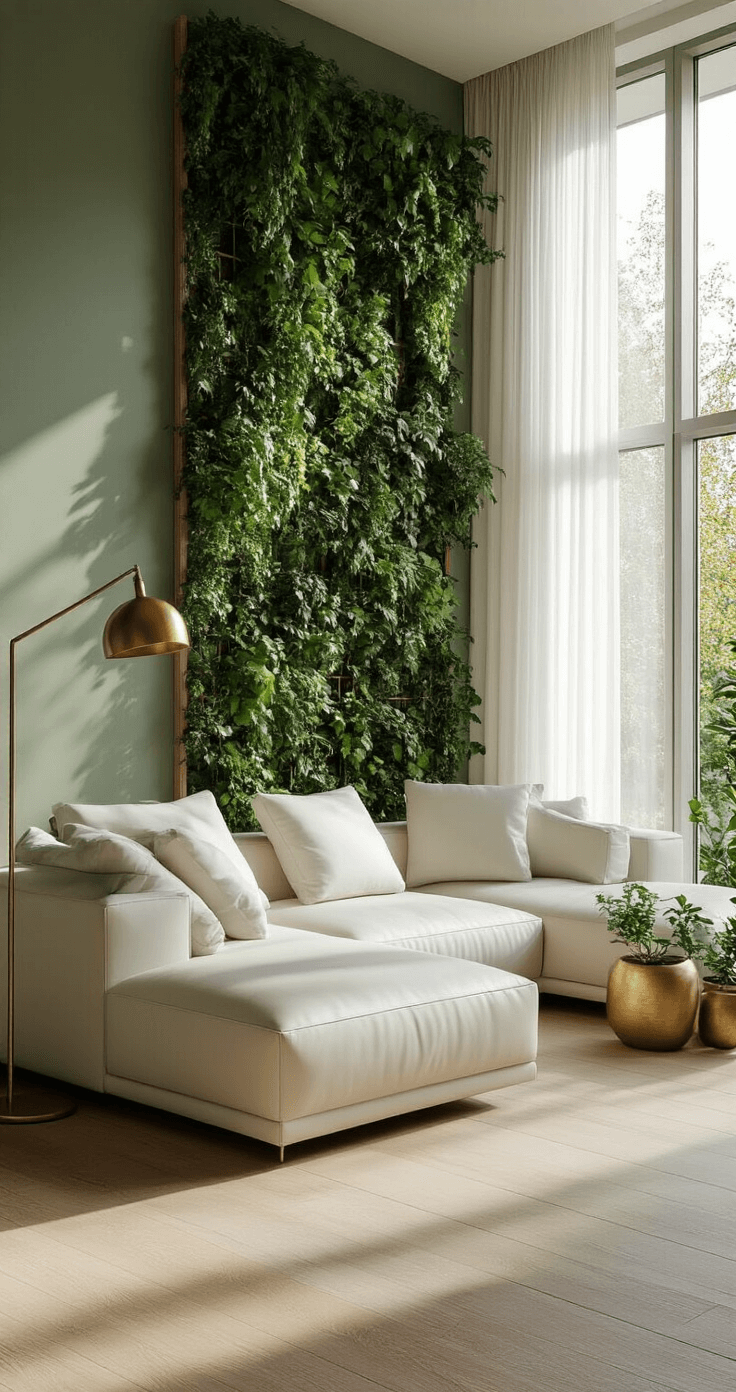 Groene Tuinideeën voor Kleine Tuinen: Maak van Elke Vierkante Centimeter een Groene Oase Photorealistic interior of a contemporary Dutch living room featuring a vertical garden wall, light oak hardwood floor, sage green walls with climbing plant trellises, and floor-to-ceiling windows allowing diffused morning light. The space includes a minimalist white leather sectional sofa, geometric ceramic planters with succulents, and a modern brass floor lamp, all framed by delicate white sheer curtains. Soft shadows add depth, captured in high resolution from a corner perspective.
