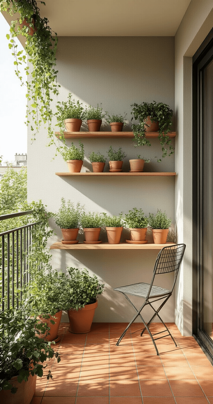 Groene Tuinideeën voor Kleine Tuinen: Maak van Elke Vierkante Centimeter een Groene Oase Intimate Dutch balcony interior featuring terracotta tile flooring, gray textured walls, and modular wooden shelving with Mediterranean herbs, bathed in morning sunlight with soft shadows.