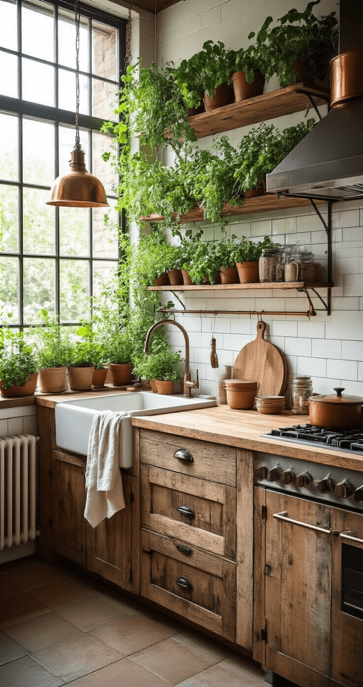 Groene Tuinideeën voor Kleine Tuinen: Maak van Elke Vierkante Centimeter een Groene Oase Rustic Dutch kitchen featuring a reclaimed wood island, white subway tile backsplash with a mounted herb growing system, copper pot rack, and large industrial windows. Multiple levels of green plants in wall-mounted containers, fresh herbs in terracotta pots, and soft linen towels complement the warm, natural lighting that enhances the kitchen's details and textures.
