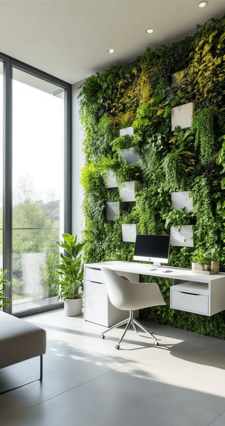 Groene Tuinideeën voor Kleine Tuinen: Maak van Elke Vierkante Centimeter een Groene Oase Modern Dutch home office showcasing a vertical garden wall, sleek white desk with integrated planter shelf, and minimalist Scandinavian furniture, bathed in soft natural morning light.