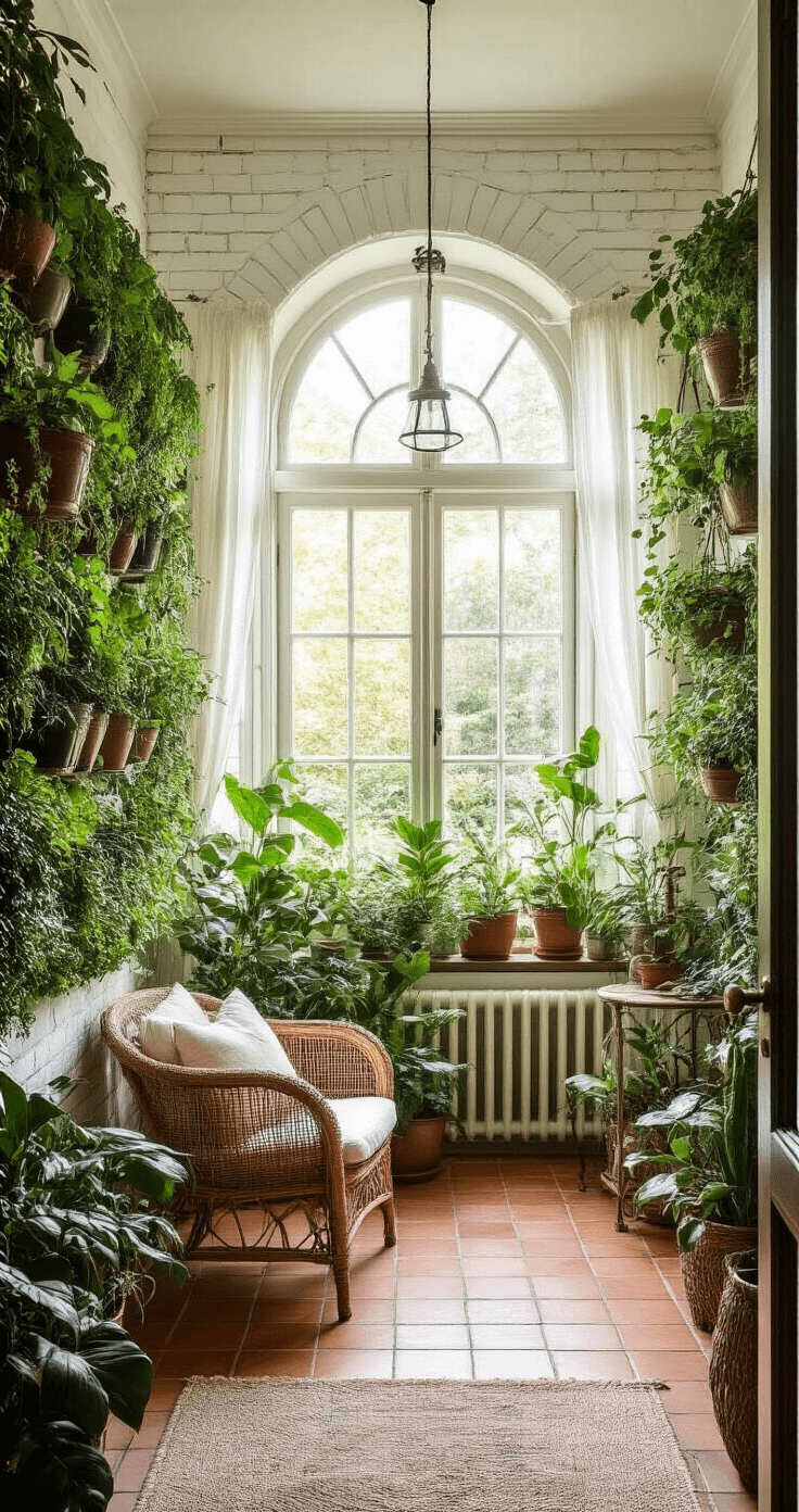 Groene Tuinideeën voor Kleine Tuinen: Maak van Elke Vierkante Centimeter een Groene Oase Cozy Dutch conservatory featuring a multi-level vertical garden system, white painted brick walls, large arched windows, a wicker lounge chair, vintage brass plant stands, and terracotta floor tiles, all illuminated by soft morning light filtering through translucent curtains.