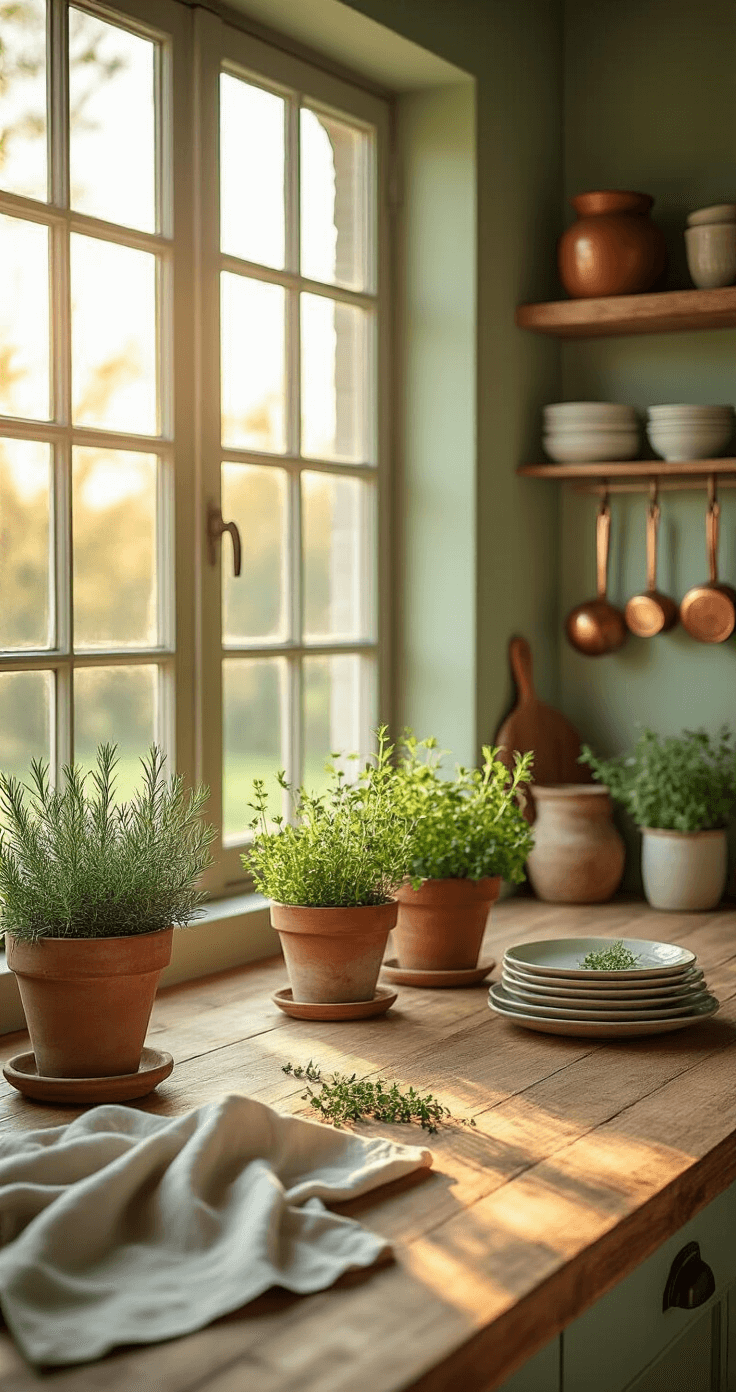 Kruiden en Eetbare Planten Combineren: Jouw Gids Voor een Heerlijk Mooie Tuin Ultra-realistic Dutch kitchen interior featuring a rustic wooden island with potted Mediterranean herbs in terracotta planters, soft sage green walls, copper utensils, and rough-textured ceramic plates, all bathed in warm golden hour sunlight.