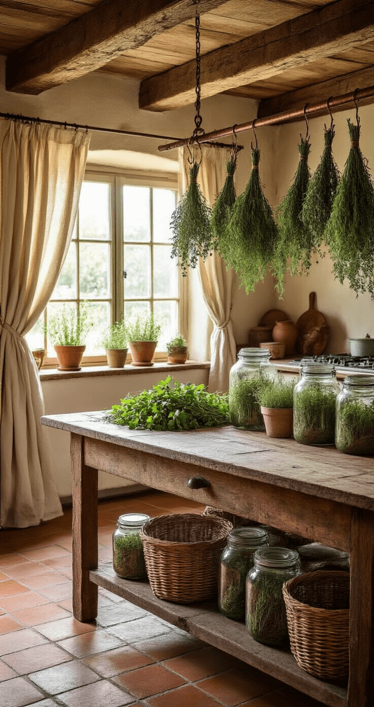 Kruiden en Eetbare Planten Combineren: Jouw Gids Voor een Heerlijk Mooie Tuin Rustic Dutch farmhouse kitchen featuring a wooden beam ceiling, weathered wooden table with fresh herb bundles hanging from copper hooks, vintage glass jars filled with dried herbs, and soft natural light casting shadows on aged terracotta floor tiles.