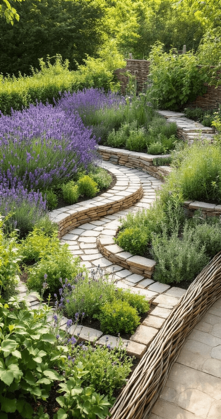 Kruiden en Eetbare Planten Combineren: Jouw Gids Voor een Heerlijk Mooie Tuin Aerial view of a traditional Dutch garden terrace featuring a raised herb spiral design made of natural stone, showcasing diverse herb species like lavender, thyme, and sage arranged across different spiral levels, with intricate stone layering for drainage and a woven willow border, all bathed in soft morning light.