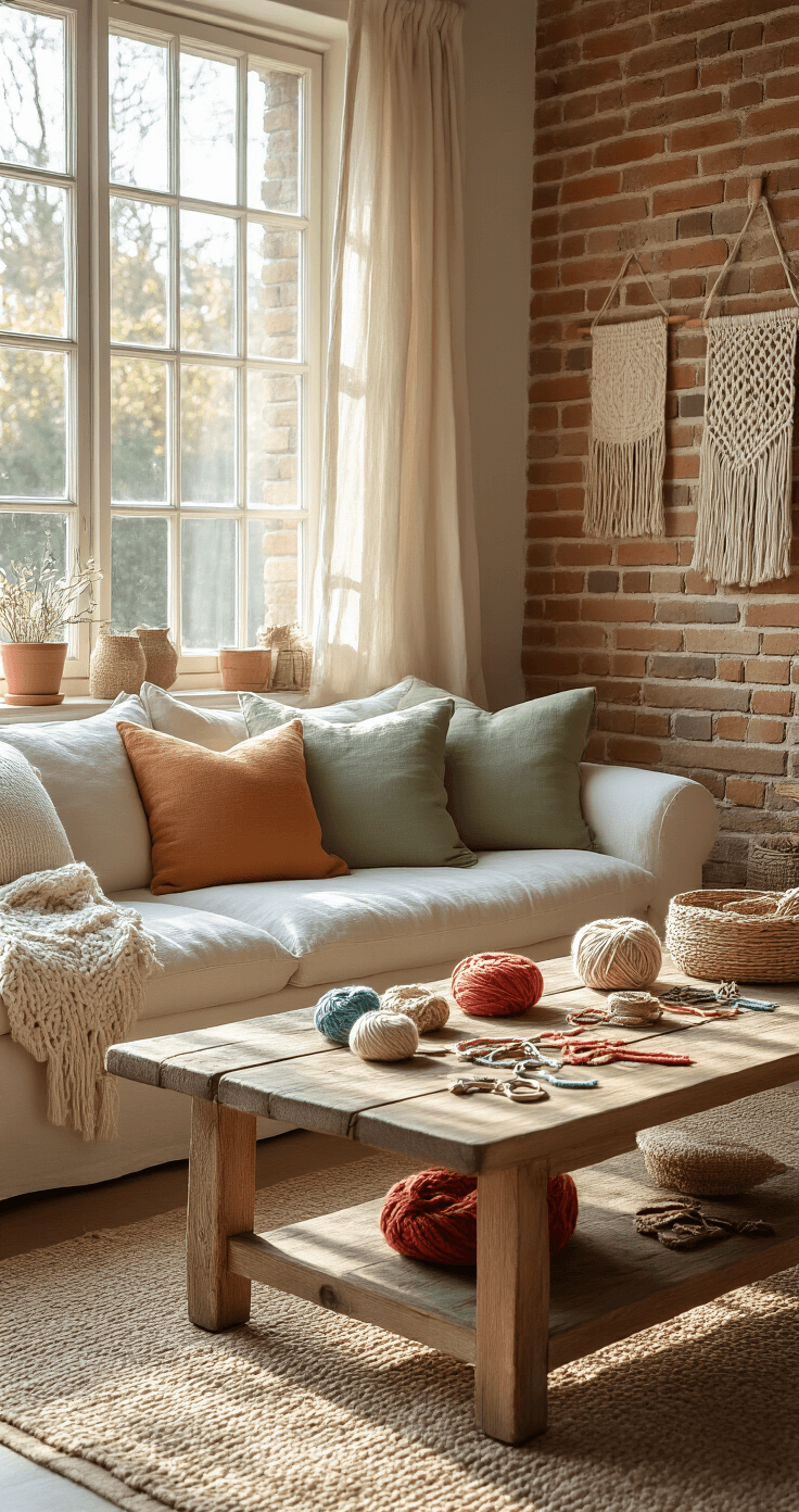 Creatieve DIY-projecten voor het hele gezin: Samen knutselen creëert blijvende herinneringen A cozy Dutch living room bathed in soft afternoon sunlight, showcasing a rustic wooden coffee table adorned with macramé supplies and colorful yarn skeins, alongside a natural linen sofa with handmade cushions, and an exposed brick wall featuring DIY art. The warm terracotta and sage green color palette creates an inviting atmosphere.