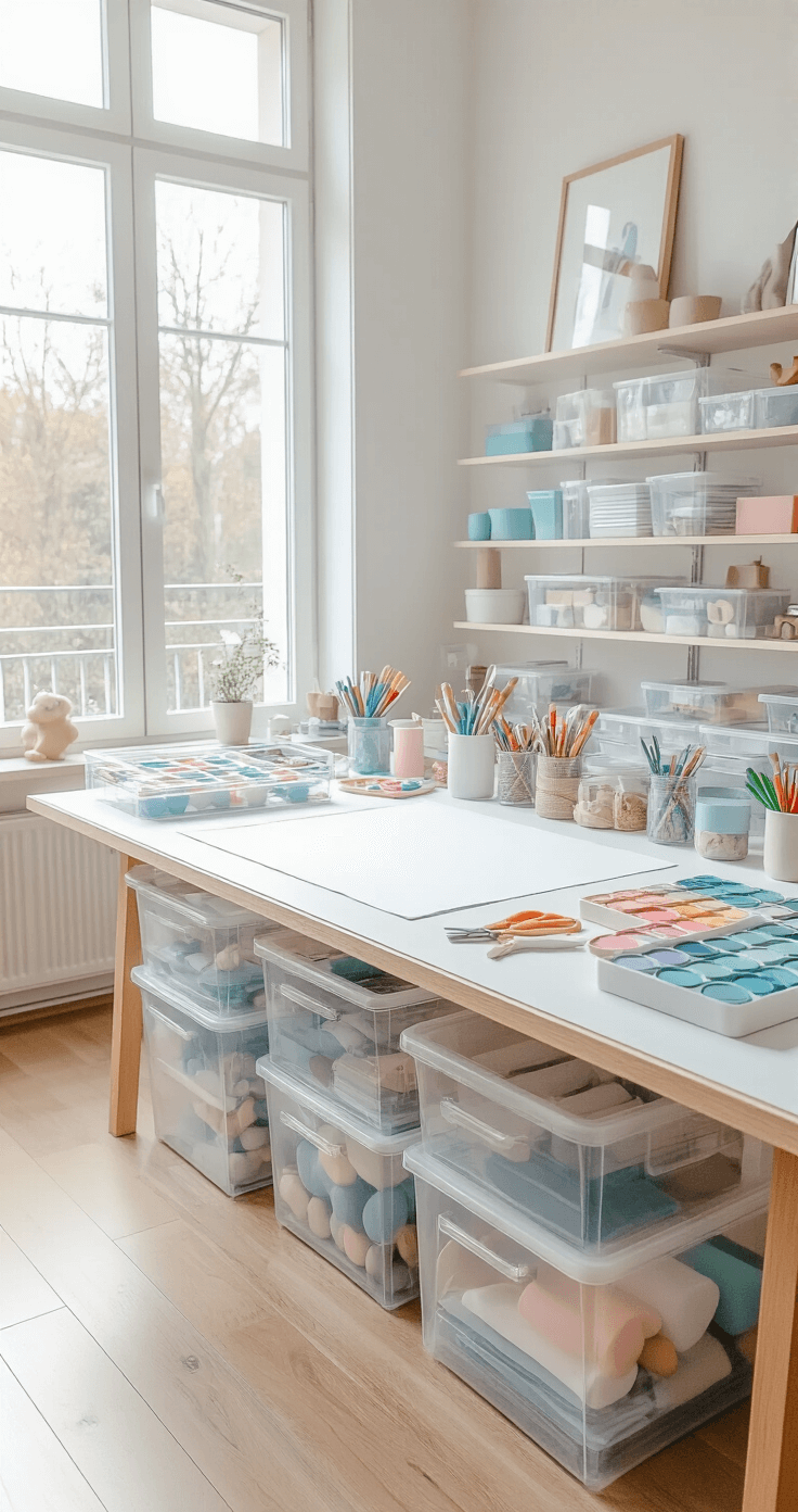Creatieve DIY-projecten voor het hele gezin: Samen knutselen creëert blijvende herinneringen Heldere, minimalistische thuiswerkplek met witte muren en houten vloeren, veel natuurlijk licht van grote ramen, een grote knutseltafel bedekt met wit papier, omringd door transparante opbergdozen vol knutselmaterialen, zoals pastelgekleurde acrylverf, scharen en klei-gereedschap, alles netjes georganiseerd in transparante containers, zachte neutrale kleuren met accentkleuren in gedempte blauwtinten en groen, lage hoekfotografie die de organisatie en creatieve potentie benadrukt.