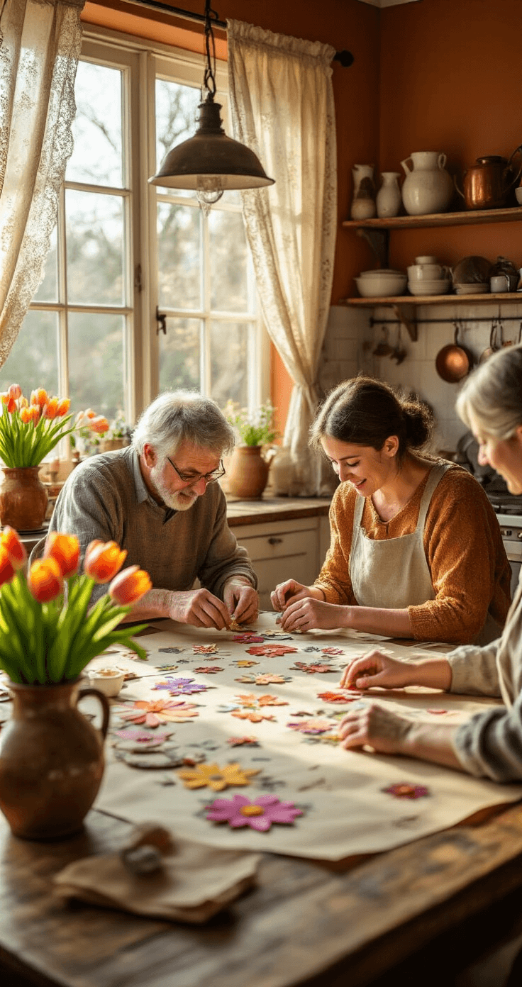 Creatieve DIY-projecten voor het hele gezin: Samen knutselen creëert blijvende herinneringen A warm Dutch family kitchen featuring a large wooden farmhouse table adorned with craft paper, where multiple generations collaborate on a colorful paper crafting project. Soft morning light filters through lace curtains, illuminating vintage ceramic vases filled with fresh tulips. The walls are painted in warm ochre and terracotta tones, with vintage copper kitchen tools in the background, capturing an intergenerational connection in a documentary-style photograph.