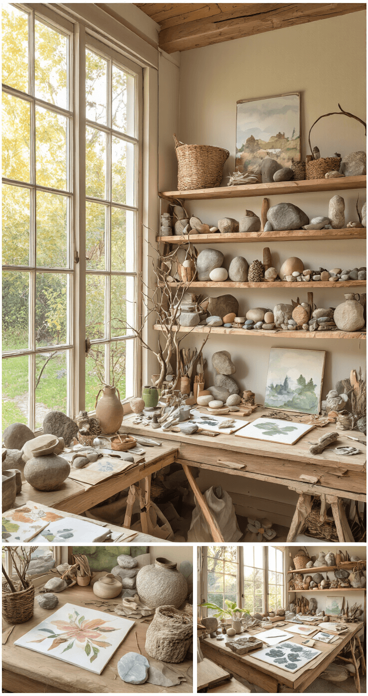 Creatieve DIY-projecten voor het hele gezin: Samen knutselen creëert blijvende herinneringen Rustieke thuiskantoorruimte met grote ramen die uitkijken op een tuin, houten planken vol verzamelde natuurlijke materialen zoals stenen, takken en gedroogde bladeren. Schilder- en knutselstations met verschillende lopende projecten, aquarel schilderijen en stenen kunst in uitvoering. Zachte neutrale kleurenpalet met natuurlijke houttinten en groene accenten. Warmte van het gouden uurlicht creëert een uitnodigende sfeer. Opname van bovenaf en zijaanzicht van de creatieve werkplek.