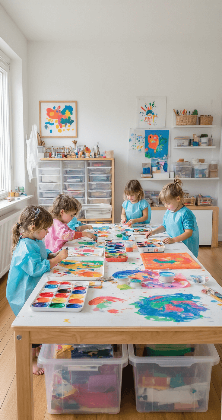 Creatieve DIY-projecten voor het hele gezin: Samen knutselen creëert blijvende herinneringen Een moderne Nederlandse speelkamer voor kinderen met witte muren en een houten vloer, gevuld met een grote knutseltafel vol met vingerverfbenodigdheden. Kinderen in beschermende smocks creëren kleurrijke schilderijen met verfspetters om hen heen. Diverse kunstprojecten in uitvoering en doorzichtige opbergdozen met georganiseerde kunstmaterialen zorgen voor een levendig geheel in primaire kleuren, vastgelegd in een documentaire stijl die spontane creatieve momenten vastlegt.