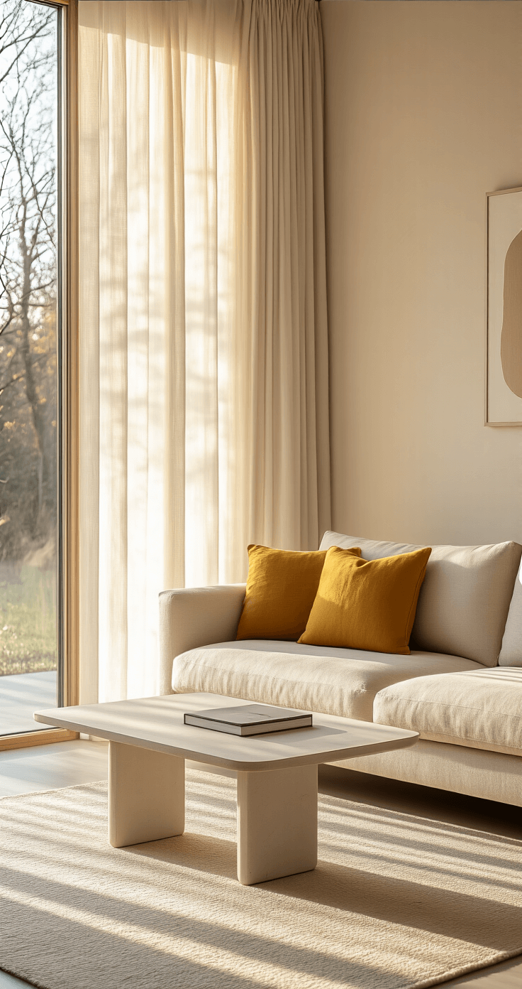 Dagelijkse Routines Vereenvoudigen met Slimme Tips: Zo Doe Ik Het Ultra-minimalist Dutch living room bathed in golden hour light, featuring a soft beige linen sofa with a mustard yellow cushion, a sleek white oak coffee table with a design book, and a concrete floor, all creating a serene and uncluttered atmosphere.