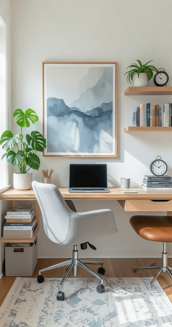 Dagelijkse Routines Vereenvoudigen met Slimme Tips: Zo Doe Ik Het Scandinavische thuiswerkplek met een lichthouten bureau, ergonomische stoel in zachtgrijs, zwevende planken met designboeken, abstract kunstwerk in gedempte blauwtinten en grijs, witte muren, potted monstera plant, ochtendlicht van het zijraam, MacBook Pro op het bureau, analoge klok, kabelbeheersysteem, leren bureau mat, professionele architectonische fotografie stijl, zachte schaduwen, zorgvuldige organisatie.