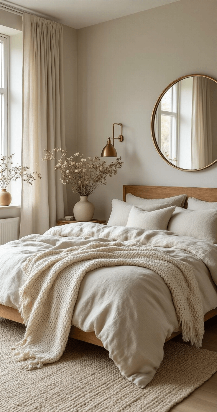 Dagelijkse Routines Vereenvoudigen met Slimme Tips: Zo Doe Ik Het Cozy Dutch bedroom featuring natural linen bedding in ecru tones, an oversized wool throw blanket, a mid-century modern wooden bed frame, and a large round brass-framed mirror, complemented by a vintage ceramic reading lamp and a dried flower arrangement, all bathed in soft morning light filtering through linen curtains.
