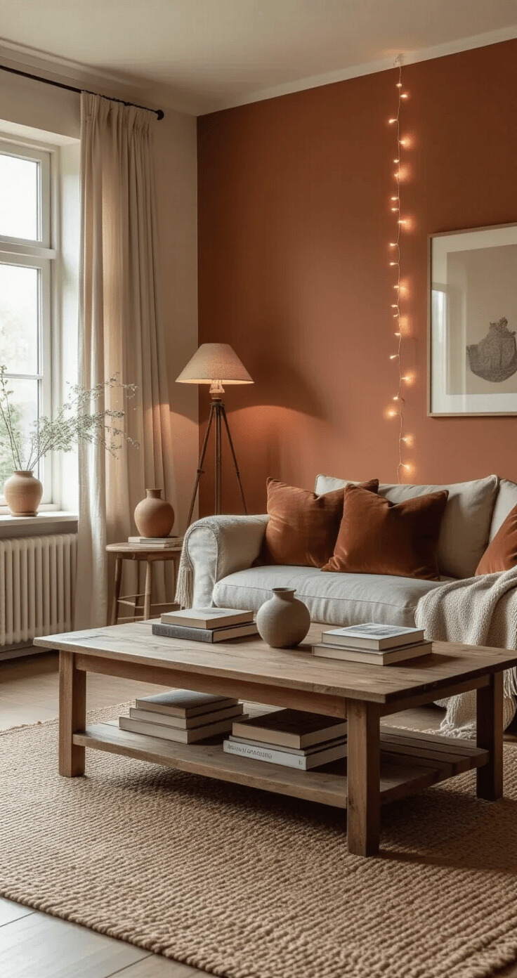 Budgettips voor een Gezellig Huis: Mijn Beproefde Trucs voor Sfeer zonder Geldstress Cozy Dutch living room with terracotta accent wall, ambient lighting from string lights and vintage floor lamp, jute rug under an oak coffee table, layered with vintage books and a ceramic vase, featuring warm earthy tones and late afternoon light filtering through sheer curtains.