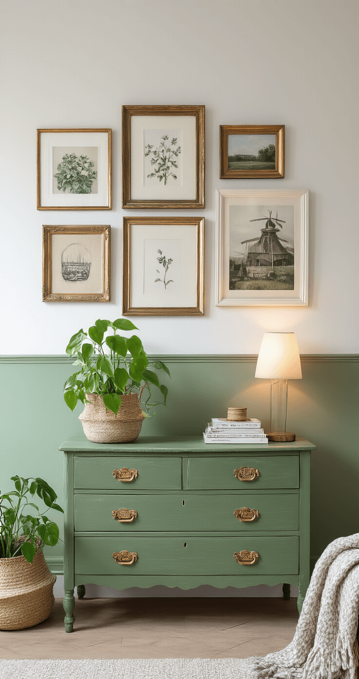 Budgettips voor een Gezellig Huis: Mijn Beproefde Trucs voor Sfeer zonder Geldstress Photorealistic Dutch apartment interior featuring a gallery wall with mismatched frames, a soft green lower wall and white upper section, a vintage green dresser with gold hardware, a pothos plant in a woven basket, and multiple soft light sources. The space is styled casually with books askew and a throw blanket draped, emphasizing depth and personal character.