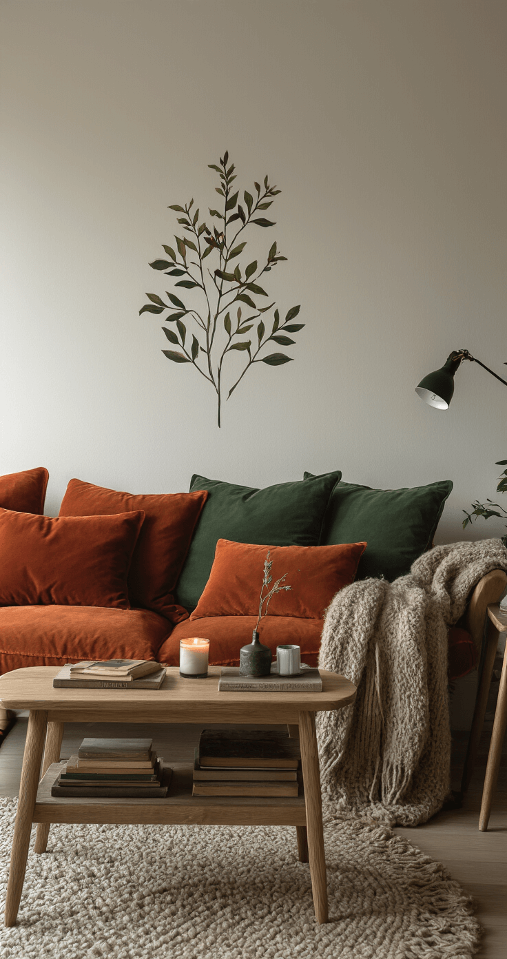 Budgettips voor een Gezellig Huis: Mijn Beproefde Trucs voor Sfeer zonder Geldstress Moody interior of a compact Dutch apartment living area styled for winter, featuring deep velvet cushions in rust and forest green, layered wool textiles, warm 2700K lighting, and a botanical wall sticker behind a minimalist workspace. A second-hand oak side table is adorned with stacked vintage books, a single candle, and a small plant cutting, creating an intimate and cozy atmosphere.